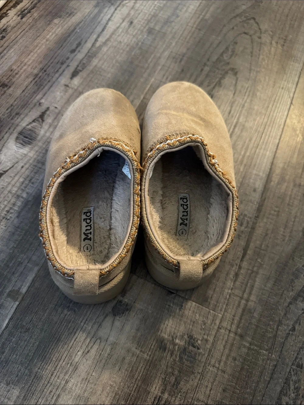 Mudd Kids Tan Slip-On Slippers with Faux-Fur Trim